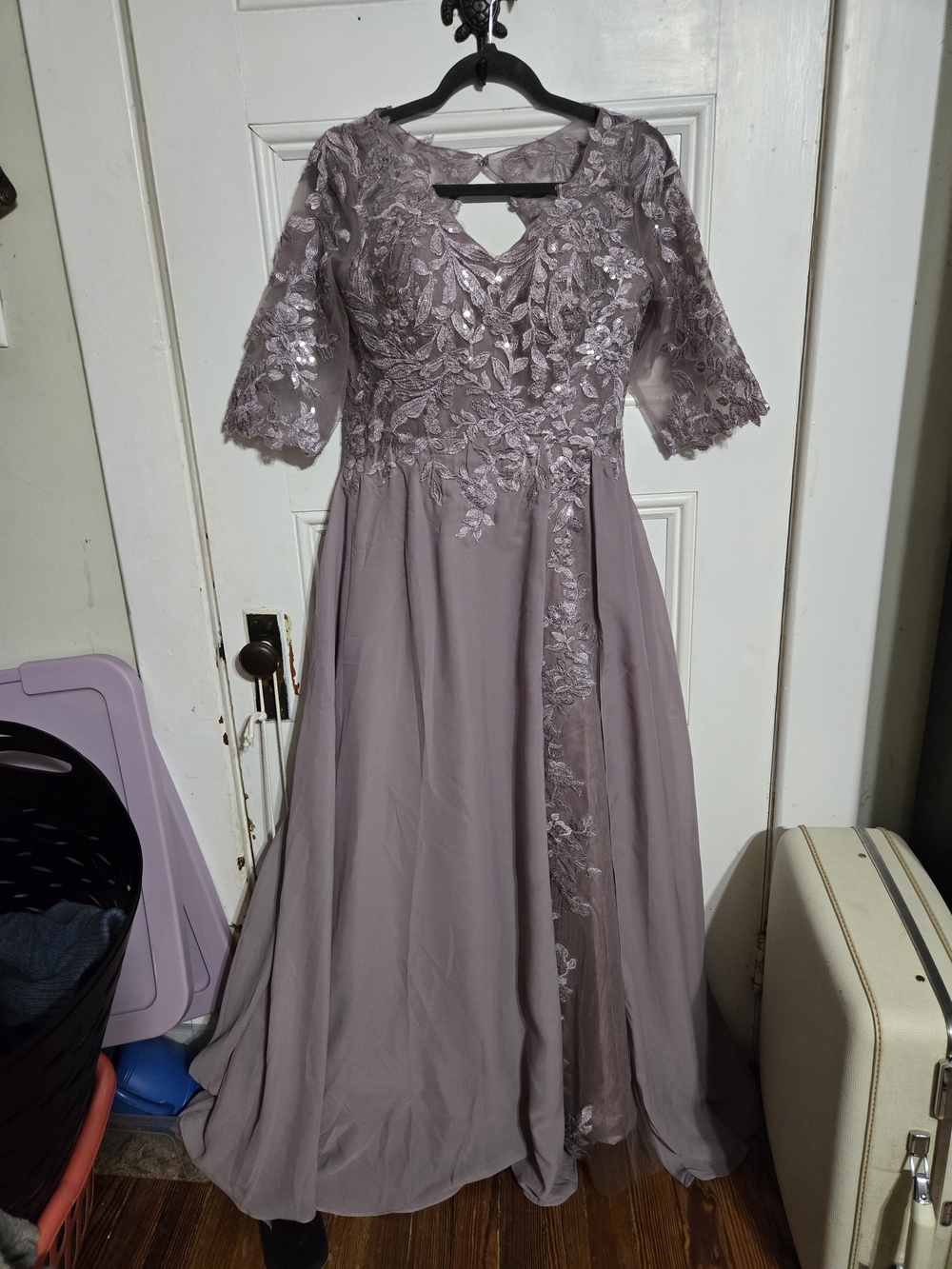 Elegant Mauve Lace A-Line Dress with Embroidered Bodice